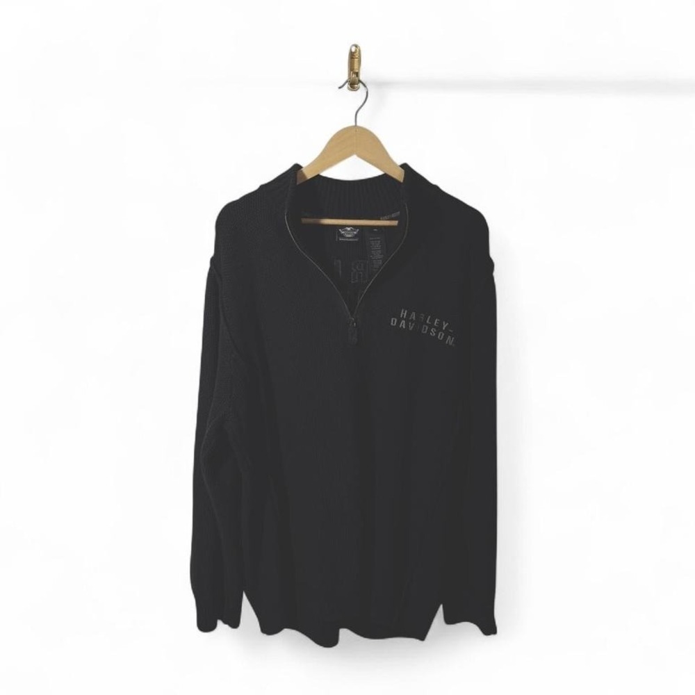 Harley-Davidson Men's XL Black Waffle Knit 1/4 Zip Sweater Pullover Moto
